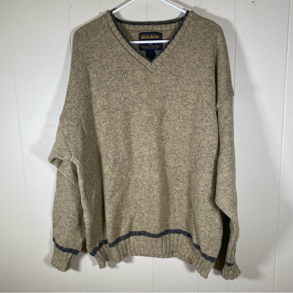 Vintage Woolrich Men's Tan V-Neck grandpa Sweater size XL made in USA wool blend